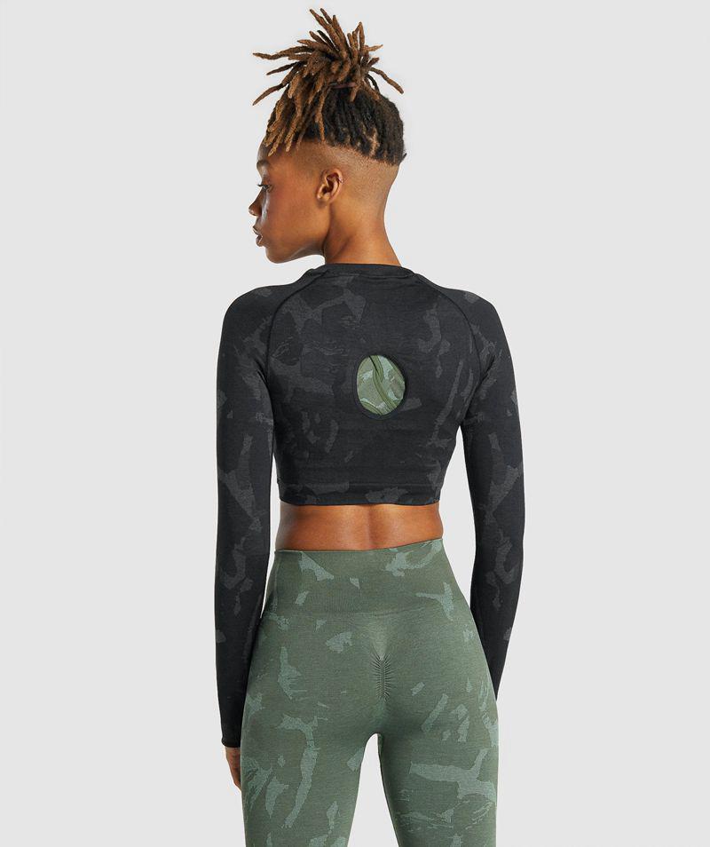 Gymshark Adapt Camo Seamless Long Sleeve Crop Felsők Női Fekete  Hungary |  GMZUQ-3195