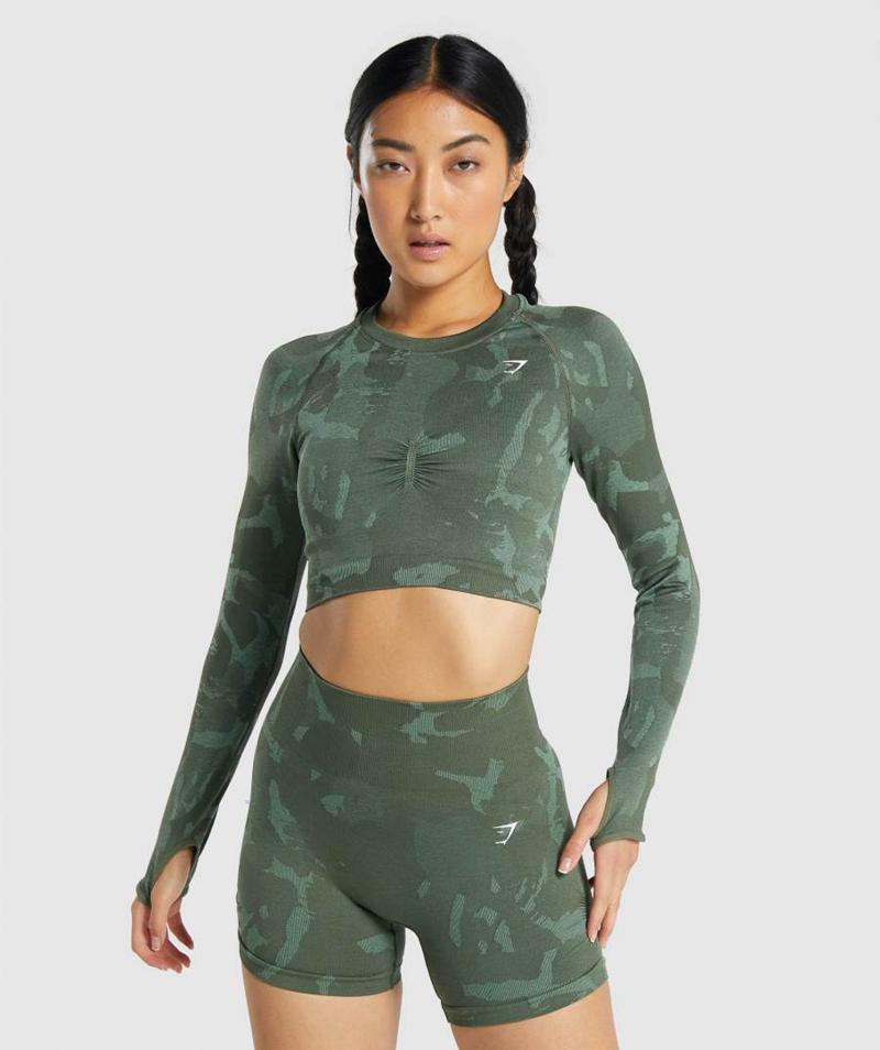 Gymshark Adapt Camo Seamless Long Sleeve Vágott Felsők Női Zöld  Hungary |  PWCMQ-0729