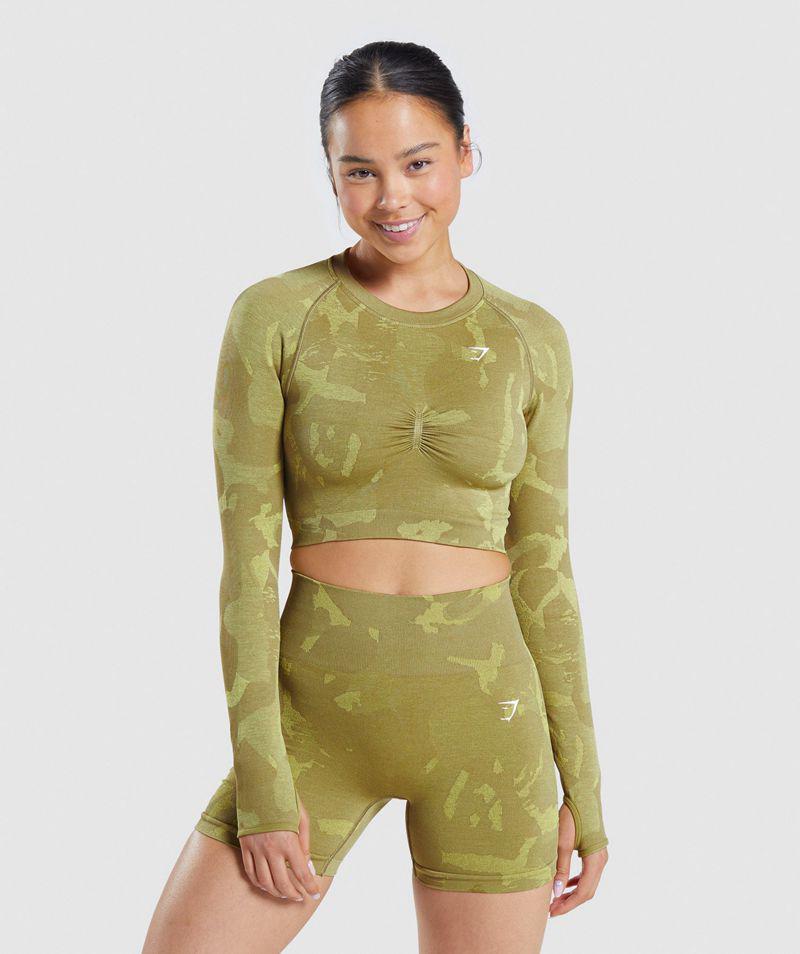 Gymshark Adapt Camo Seamless Long Sleeve Crop Felsők Női Zöld  Hungary |  XEYDU-9425