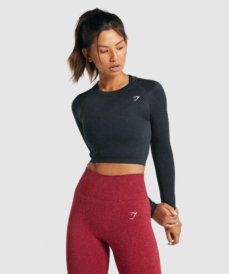 Gymshark Adapt Fleck Seamless Long Sleeve Crop Felsők Női Fekete  Hungary |  JWBXU-6540