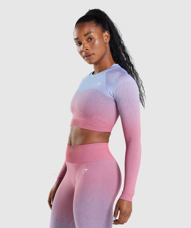 Gymshark Adapt Ombre Seamless Long Sleeve Vágott Felsők Női Rózsaszín Rózsaszín Világos Kék  Hungary |  JHYIX-8694