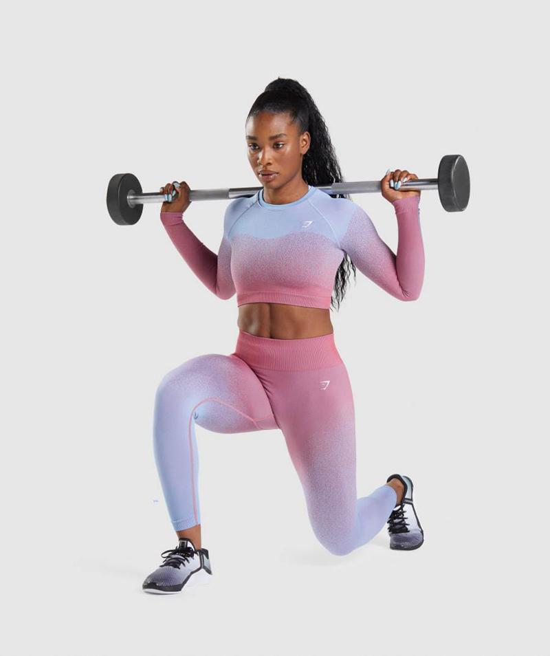 Gymshark Adapt Ombre Seamless Long Sleeve Vágott Felsők Női Rózsaszín Rózsaszín Világos Kék  Hungary |  JHYIX-8694