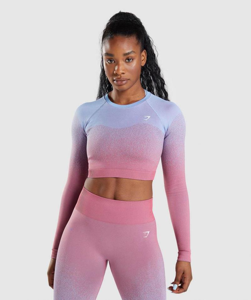 Gymshark Adapt Ombre Seamless Long Sleeve Vágott Felsők Női Rózsaszín Rózsaszín Világos Kék  Hungary |  JHYIX-8694