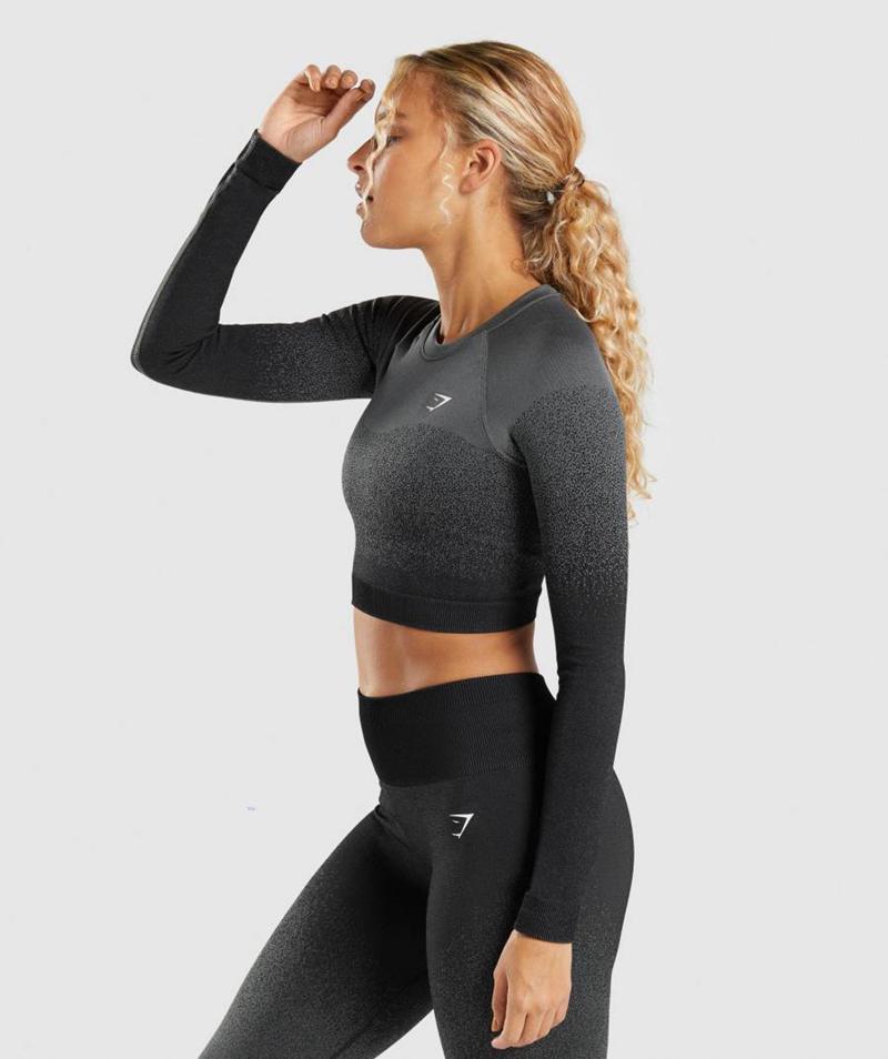 Gymshark Adapt Ombre Seamless Long Sleeve Vágott Felsők Női Fekete Szürke  Hungary |  VBPFE-3158