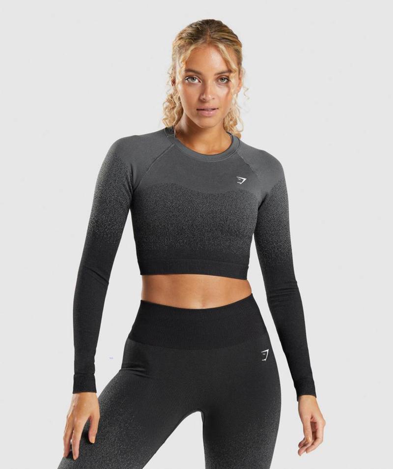 Gymshark Adapt Ombre Seamless Long Sleeve Vágott Felsők Női Fekete Szürke  Hungary |  VBPFE-3158