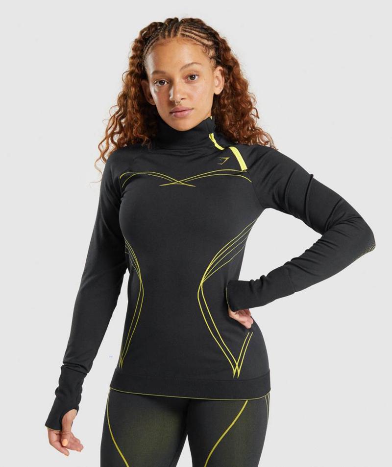 Gymshark Apex Seamless 1/4 Zip Pulóver Női Fekete Sárga  Hungary |  VDNPM-2983