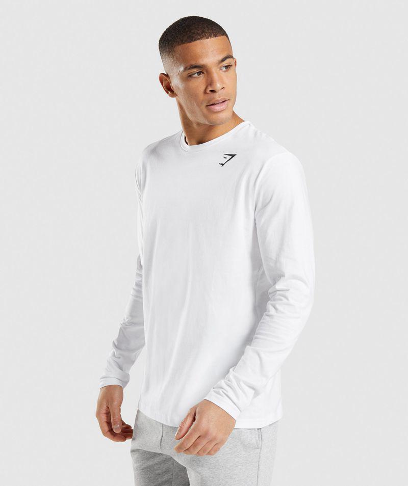 Gymshark Crest Long Sleeve T-Shirts Férfi Fehér  Hungary |  WVQIM-1350