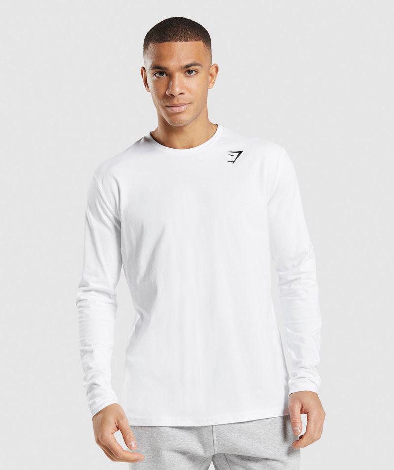 Gymshark Crest Long Sleeve T-Shirts Férfi Fehér  Hungary |  WVQIM-1350