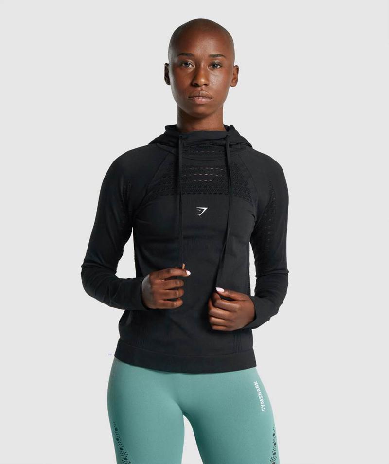 Gymshark Energy Seamless Kapucnis Pulóver Női Fekete  Hungary |  EXTLZ-1390