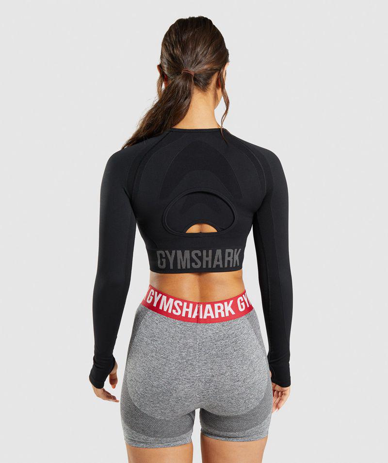 Gymshark Flex Sports Long Sleeve Crop Felsők Női Fekete  Hungary |  WULZP-1902