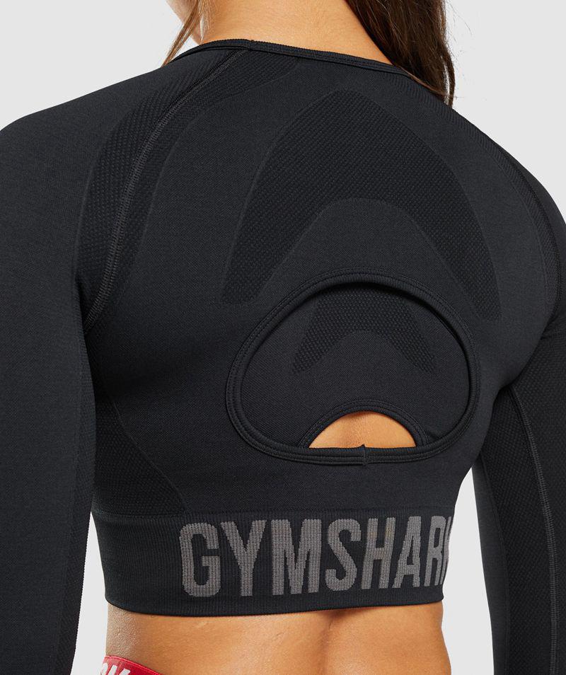 Gymshark Flex Sports Long Sleeve Crop Felsők Női Fekete  Hungary |  WULZP-1902