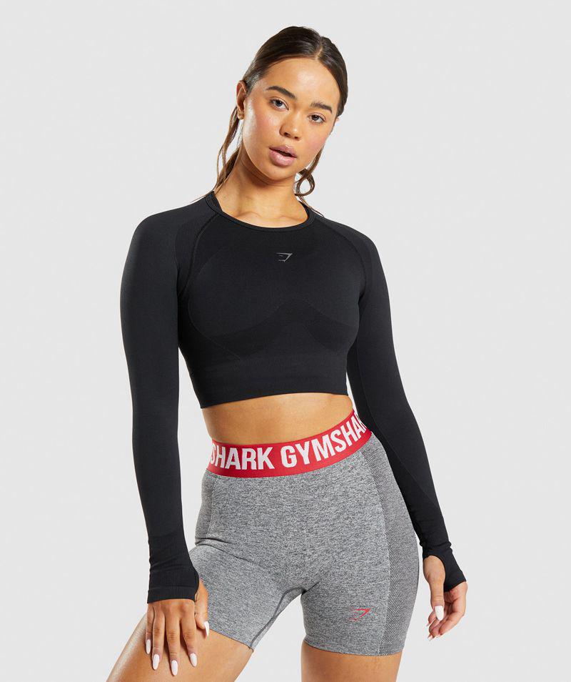 Gymshark Flex Sports Long Sleeve Crop Felsők Női Fekete  Hungary |  WULZP-1902