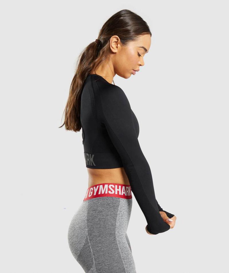 Gymshark Flex Sports Long Sleeve Vágott Felsők Női Fekete  Hungary |  QSPBY-8061