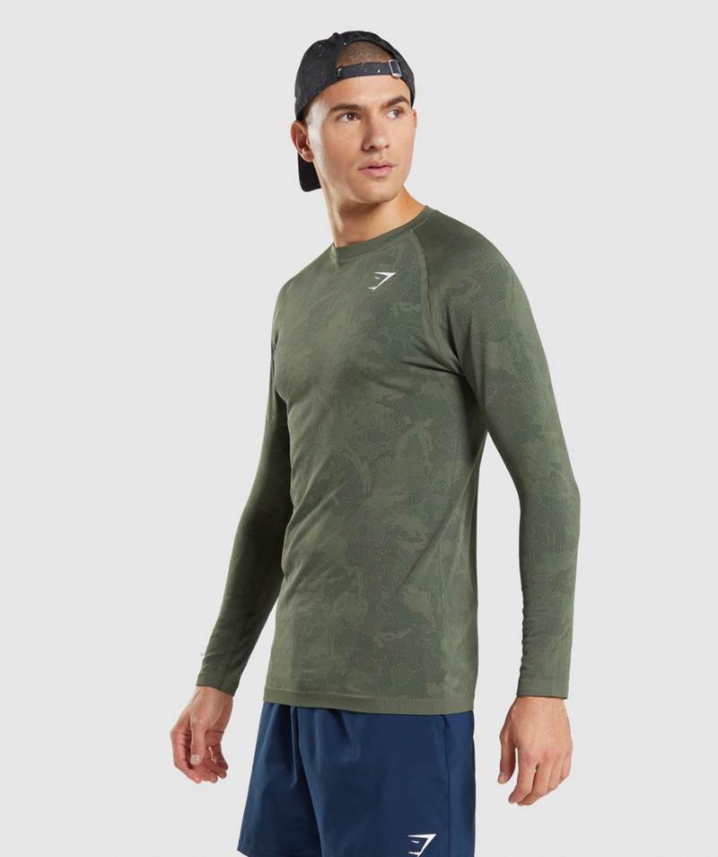 Gymshark Geo Seamless Long Sleeve Pulóverek Férfi Fekete Olivazöld  Hungary |  FEZBL-9032