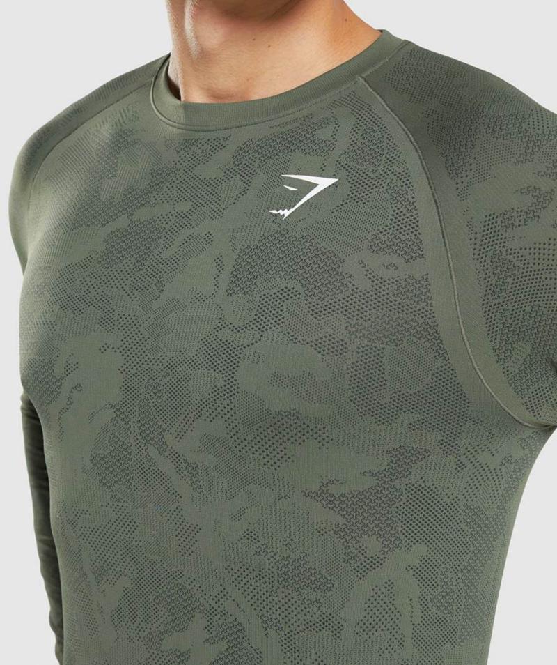 Gymshark Geo Seamless Long Sleeve Pulóverek Férfi Fekete Olivazöld  Hungary |  FEZBL-9032