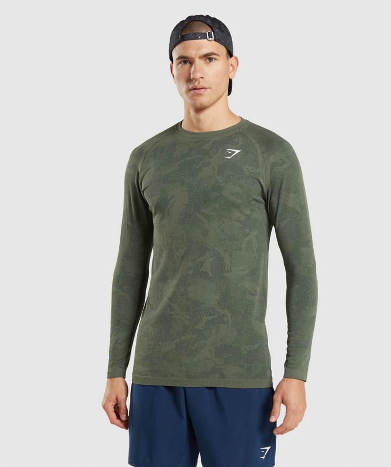 Gymshark Geo Seamless Long Sleeve Pulóverek Férfi Fekete Olivazöld  Hungary |  FEZBL-9032