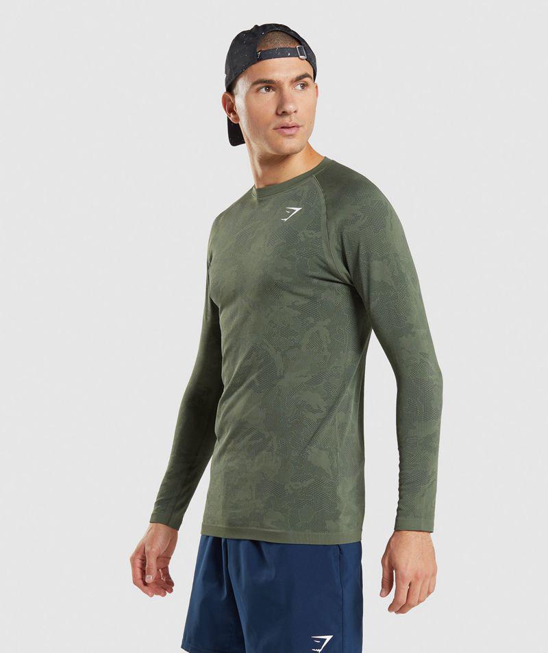 Gymshark Geo Seamless Long Sleeve T-Shirts Férfi Olivazöld  Hungary |  EGPJW-5367