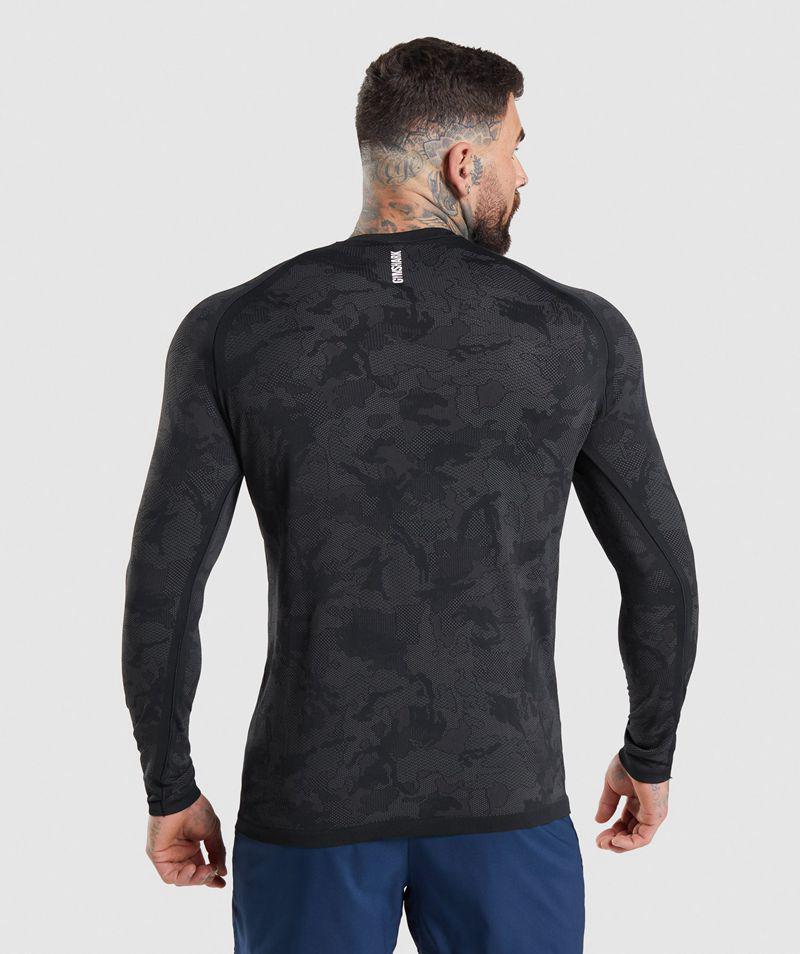 Gymshark Geo Seamless Long Sleeve T-Shirts Férfi Fekete  Hungary |  MTLRY-5798