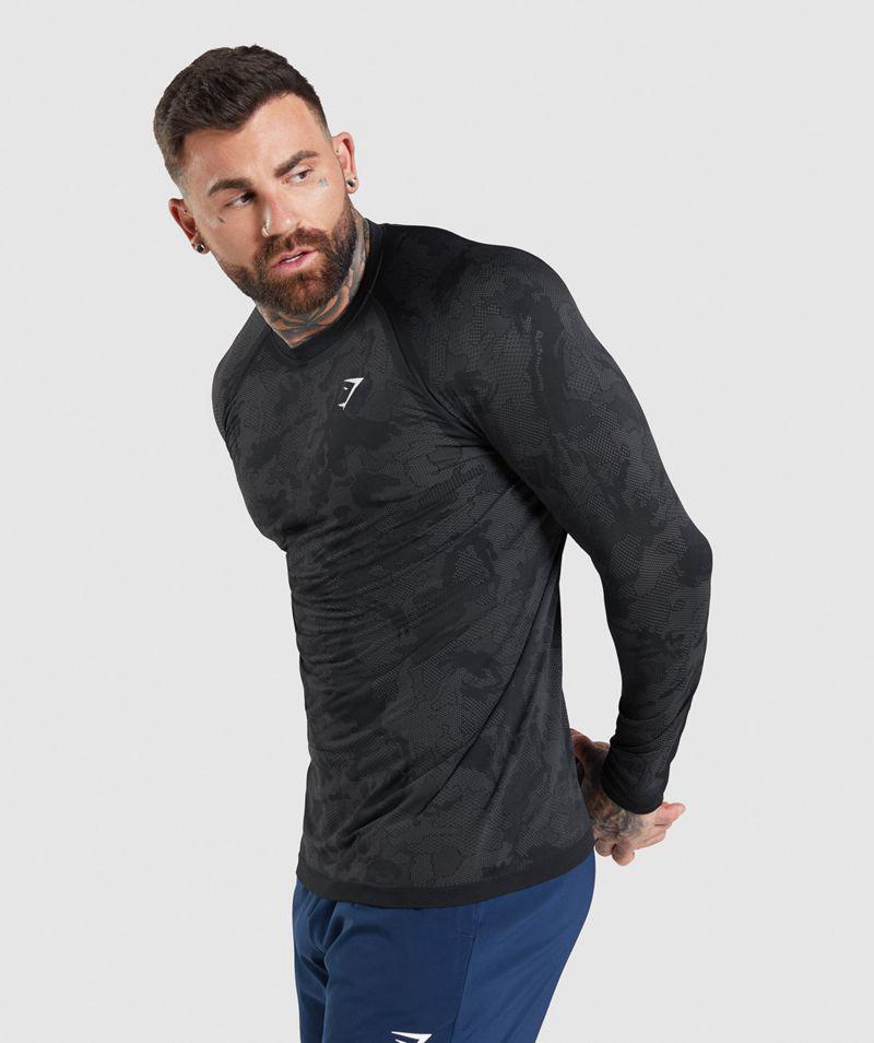 Gymshark Geo Seamless Long Sleeve T-Shirts Férfi Fekete  Hungary |  MTLRY-5798