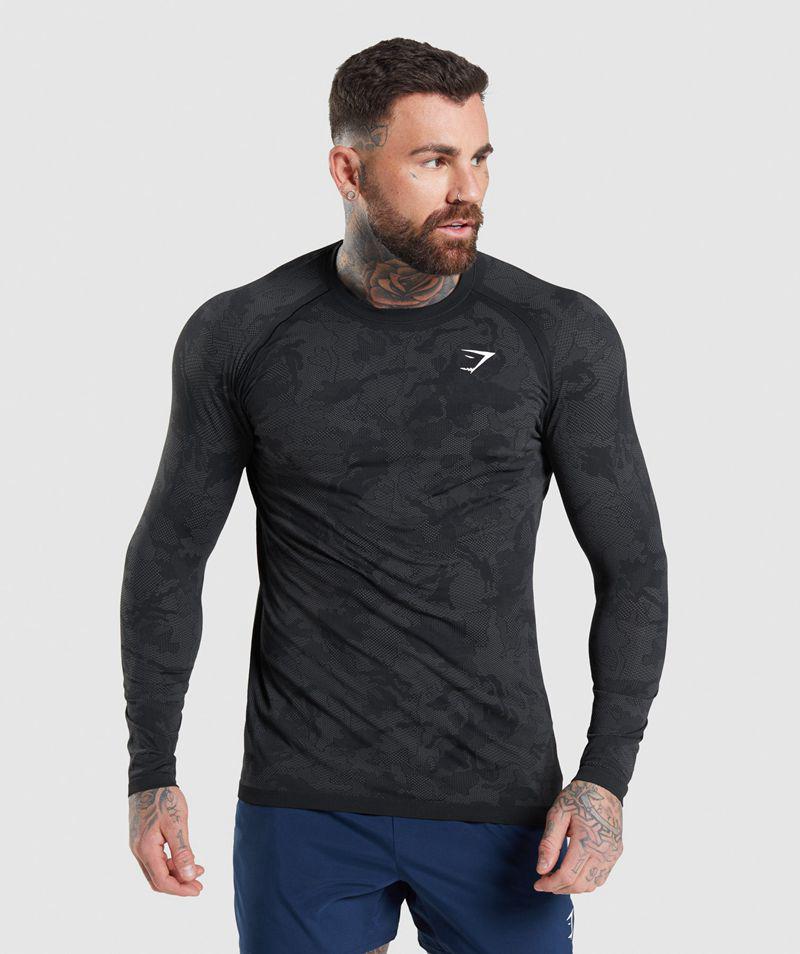 Gymshark Geo Seamless Long Sleeve T-Shirts Férfi Fekete  Hungary |  MTLRY-5798