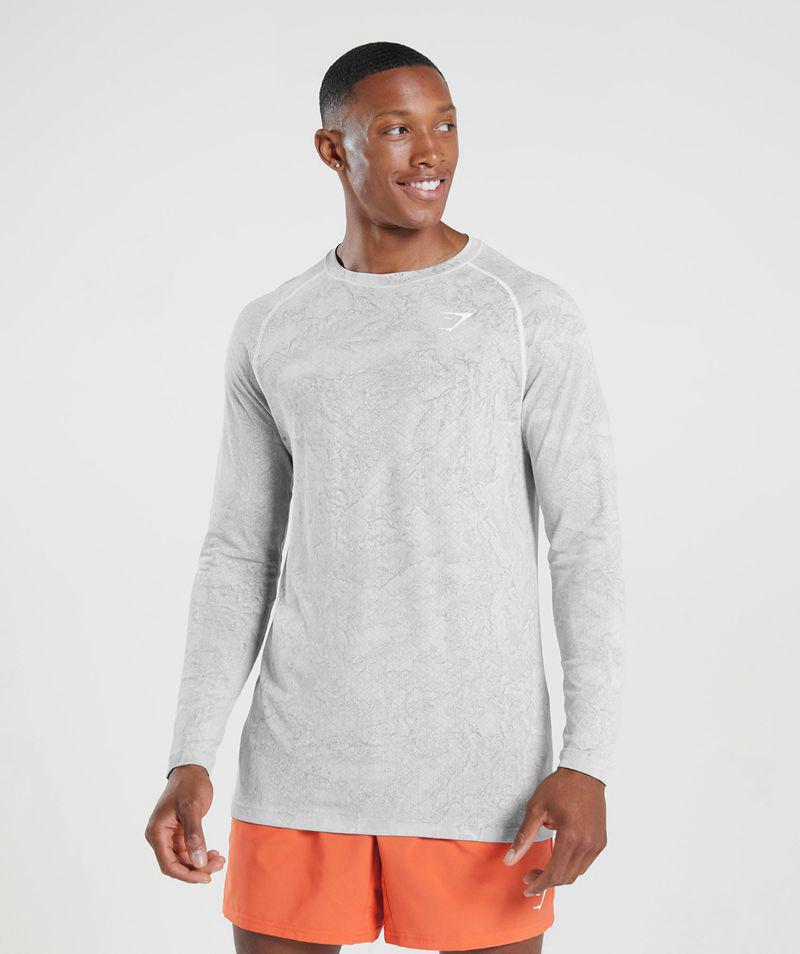 Gymshark Geo Seamless Long Sleeve T-Shirts Férfi Fehér Világos Szürke  Hungary |  YKTRF-3764