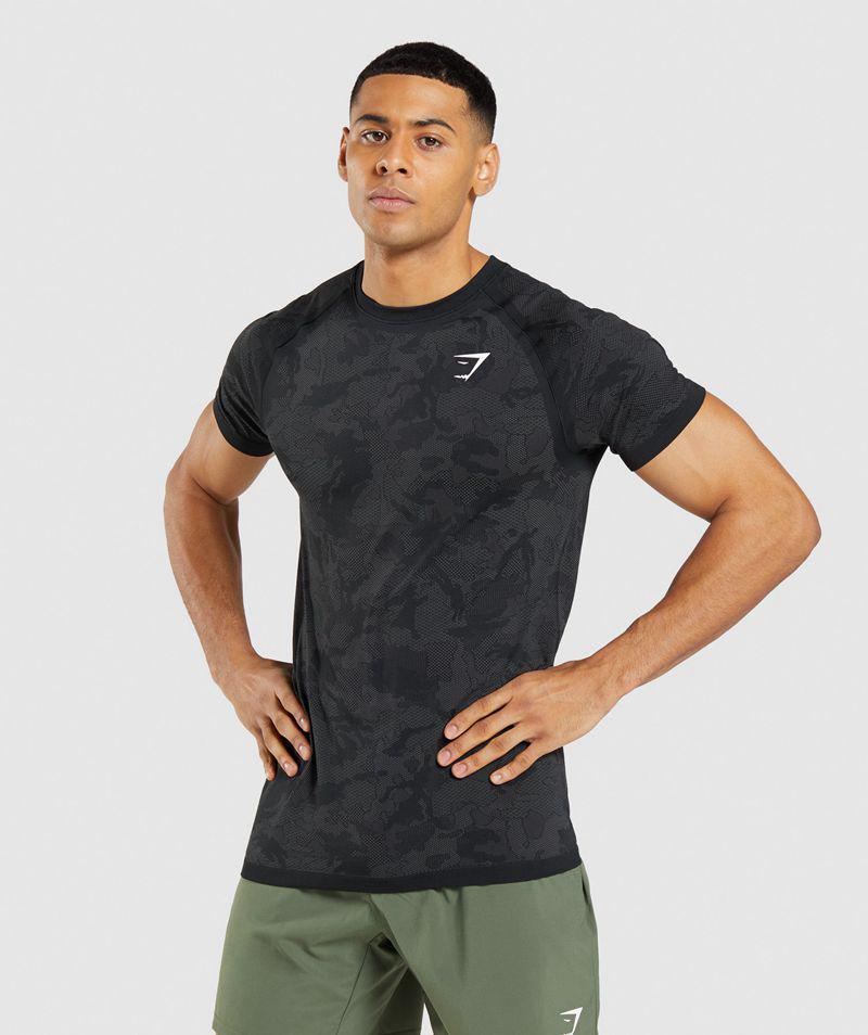 Gymshark Geo Seamless T-Shirts Férfi Fekete  Hungary |  AWNTI-5924