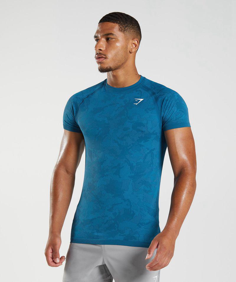 Gymshark Geo Seamless T-Shirts Férfi Kék  Hungary |  FEJXG-3851