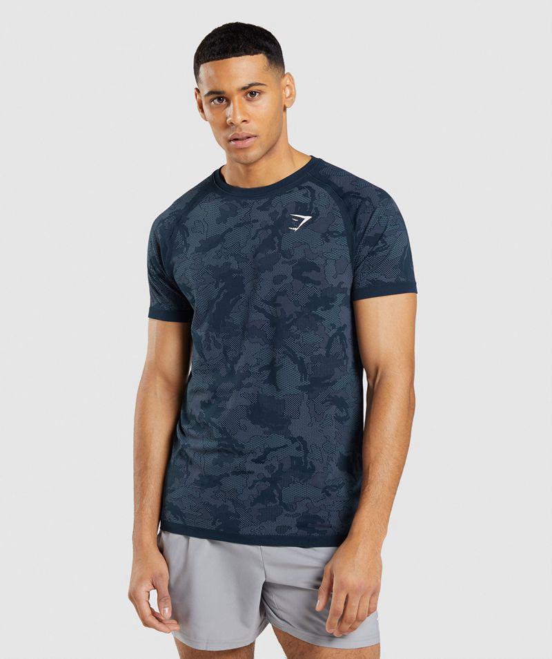 Gymshark Geo Seamless T-Shirts Férfi Sötétkék  Hungary |  XNWFP-5179