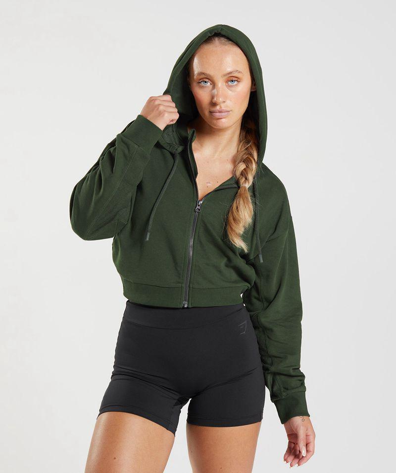 Gymshark Gs Power Cropped Zip Kapucnis Pulóver Női Olivazöld  Hungary |  FOCLH-1380