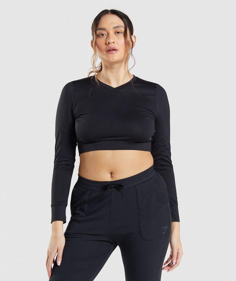 Gymshark Pause Open Back Long Sleeve Crop Felsők Női Fekete  Hungary |  HEMVT-7815