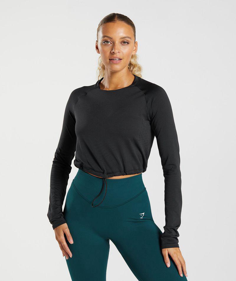 Gymshark Sweat Seamless Long Sleeve Crop Felsők Női Fekete  Hungary |  IYJVD-7139