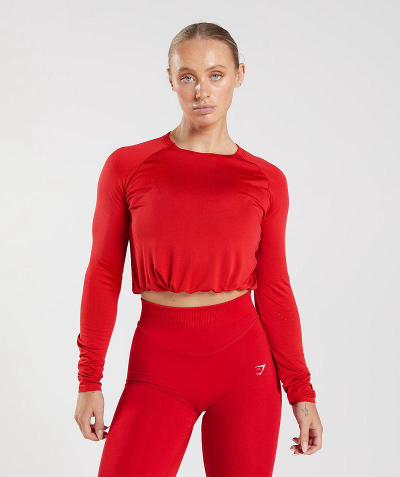 Gymshark Sweat Seamless Long Sleeve Crop Felsők Női Piros  Hungary |  MJCOH-3176