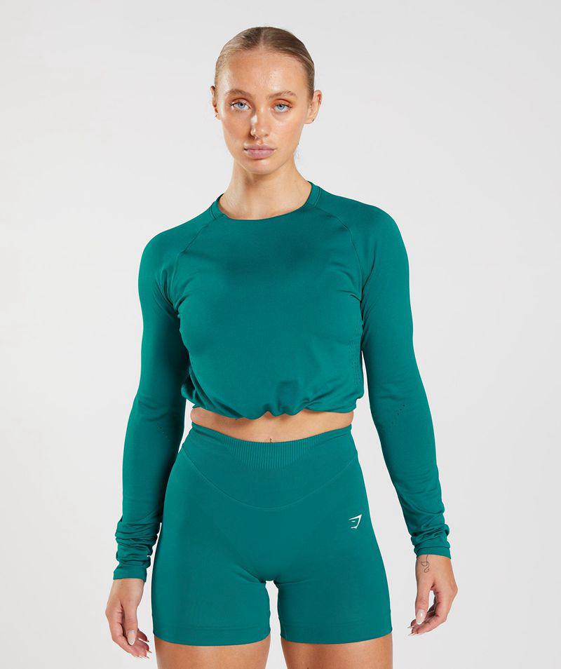 Gymshark Sweat Seamless Long Sleeve Crop Felsők Női Türkiz  Hungary |  ZBVFC-5642