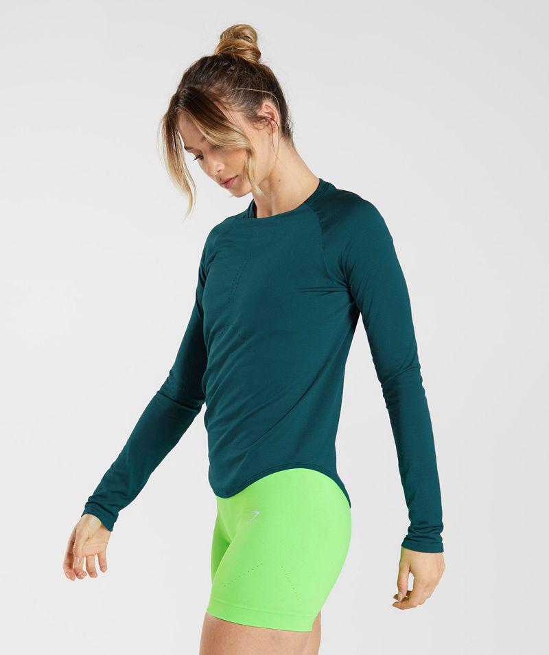 Gymshark Sweat Seamless Long Sleeve Felsők Női Türkiz  Hungary |  UDSCQ-9407