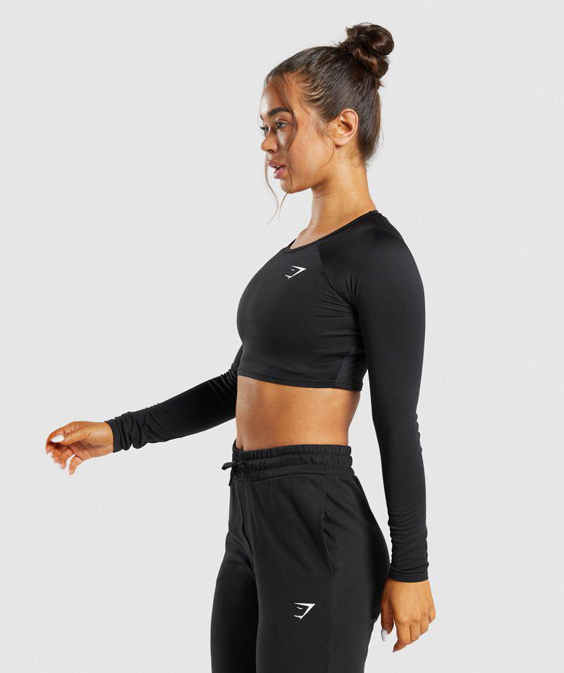 Gymshark Training Long Sleeve Crop Felsők Női Fekete  Hungary |  SEZFQ-7190