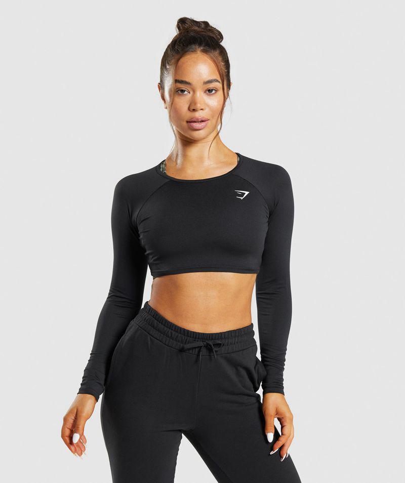 Gymshark Training Long Sleeve Crop Felsők Női Fekete  Hungary |  SEZFQ-7190