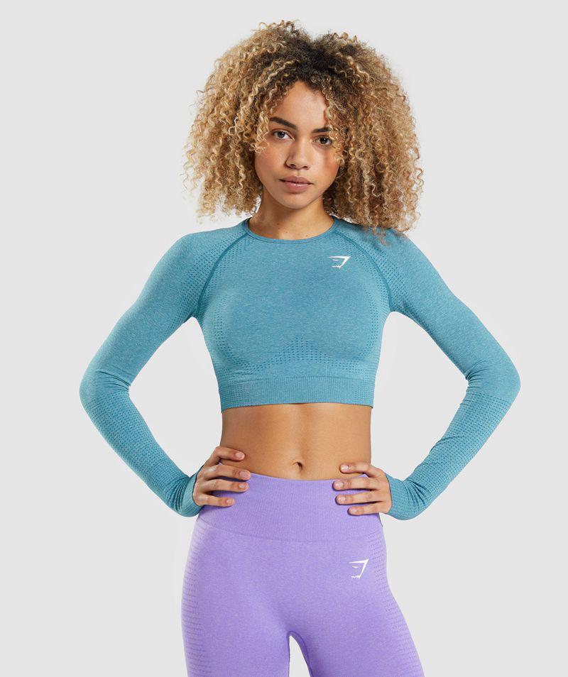 Gymshark Vital Seamless 2.0 Long Sleeve Crop Felsők Női Kék  Hungary |  AQTJZ-8376