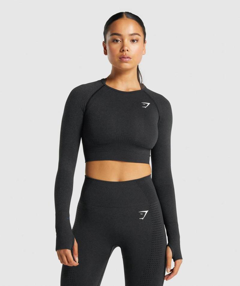 Gymshark Vital Seamless 2.0 Long Sleeve Vágott Felsők Női Fekete  Hungary |  QRION-1482