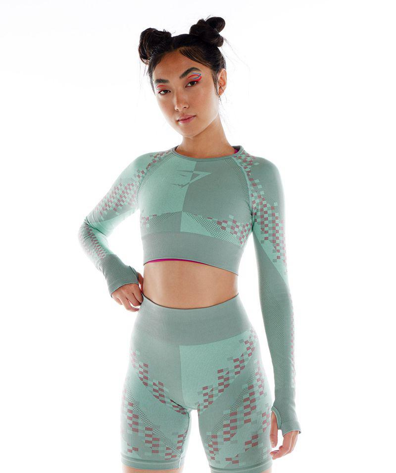 Gymshark Wtflex Cyborg Seamless Long Sleeve Crop Felsők Női Türkiz  Hungary |  DTSNA-3461