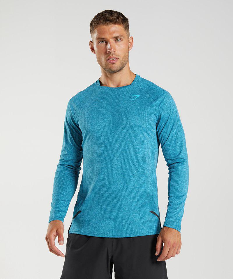 Gymshark Apex Long Sleeve T-Shirts Férfi Kék Hungary | KZECB-4623