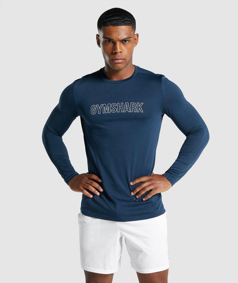 Gymshark Arrival Long Sleeve Grafika T-Shirts Férfi Sötétkék Hungary | ADIOP-3847