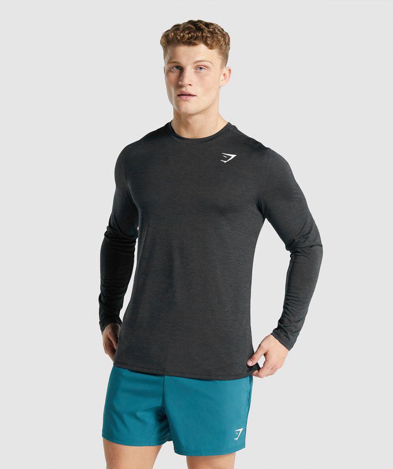 Gymshark Arrival Marl Long Sleeve T-Shirts Férfi Fekete Hungary | WAKJX-1698