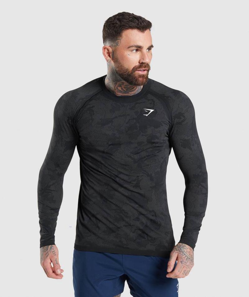 Gymshark Geo Seamless Long Sleeve Pulóverek Férfi Fekete Szürke Szürke Hungary | WOMUF-3219