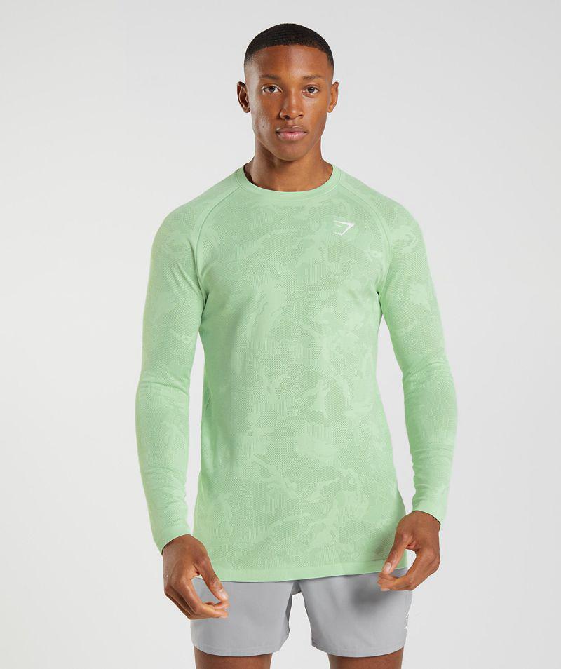 Gymshark Geo Seamless Long Sleeve T-Shirts Férfi Zöld Hungary | PKJQH-5216